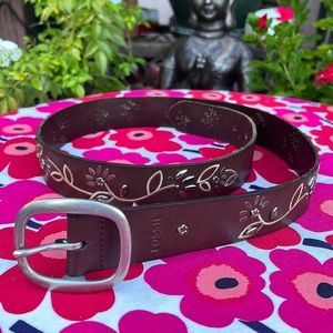 🌸 Fossil Floral Embroidered & Embellished Boho Style Brown Leather Belt Sz Lg